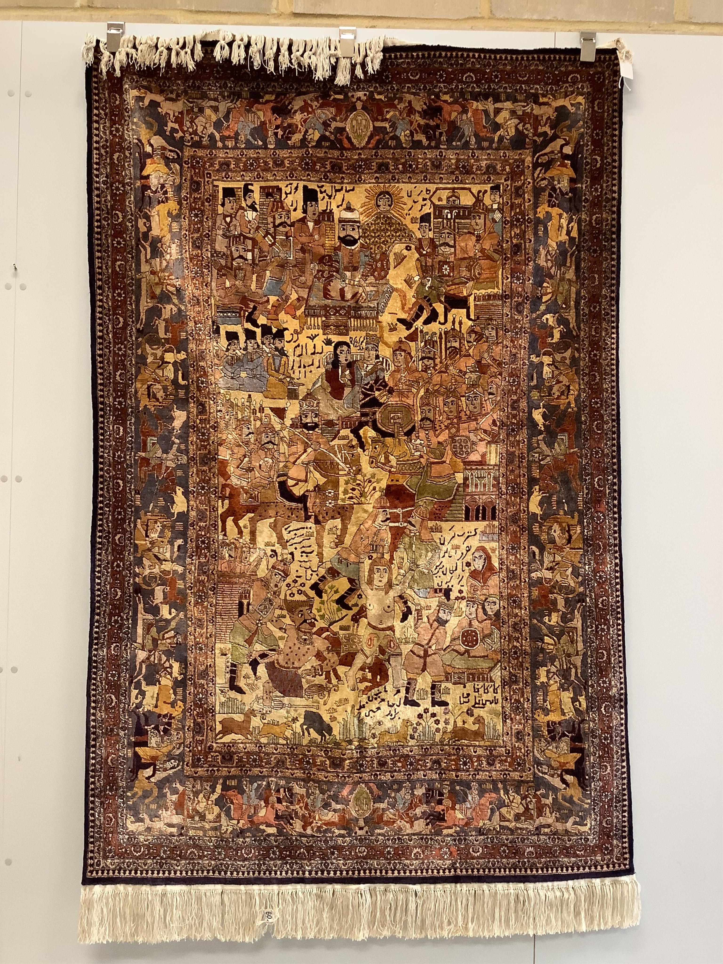 A Tabriz part silk pictorial rug, 188 x 122cm